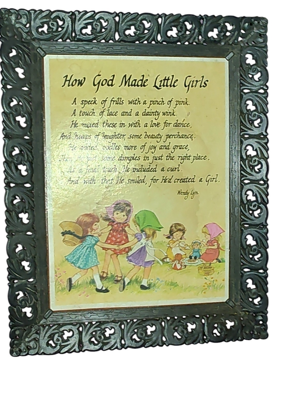 Vintage Framed Cute Plaque 'How God Made Little Girls' Wall Art' By Wendy Lyn